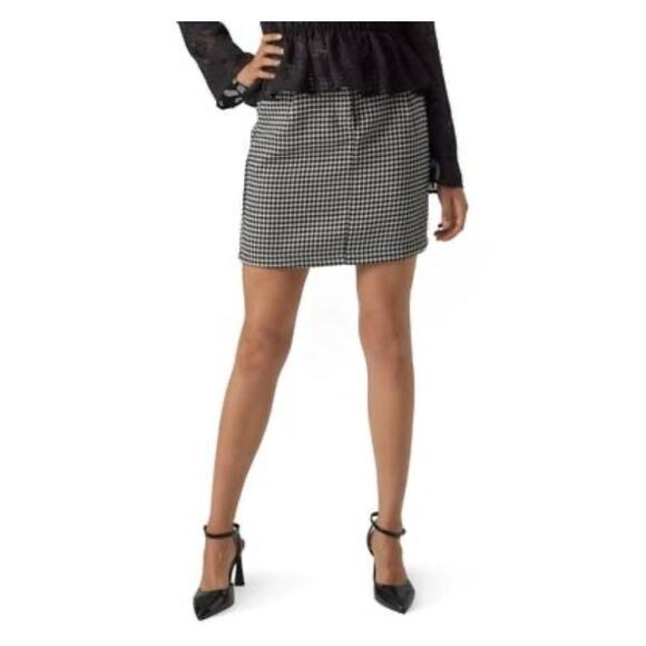 Vero Moda Womens Harper High Rise Skirt Size 2 Mini Straight Houndstooth Black - Picture 2 of 10